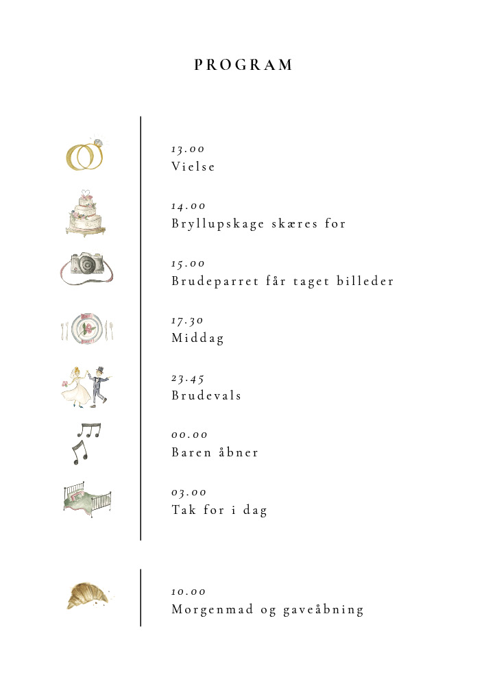 Tillægskort - Asta og Mads, tidslinje med vielsesringe, akvarel